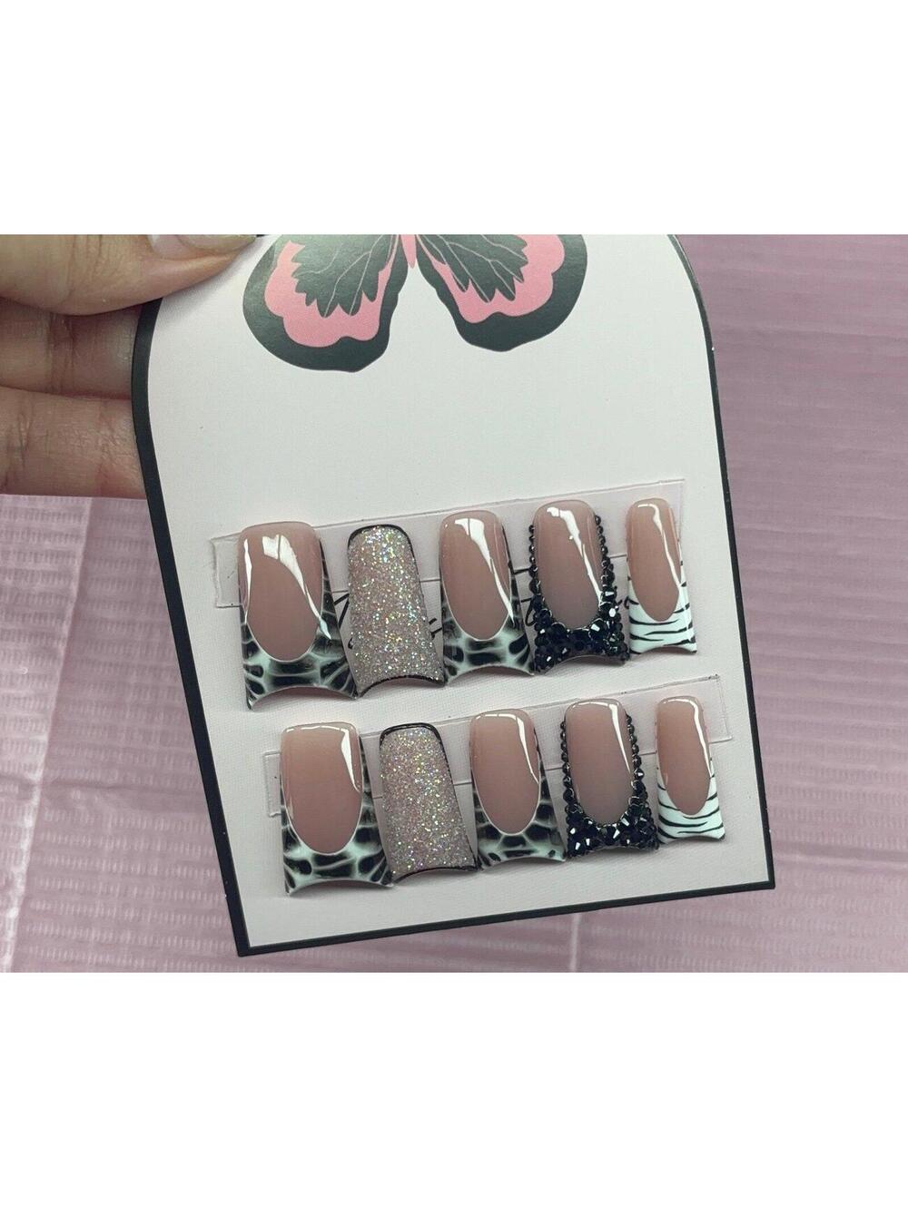 Long duck flared Press on nails rhinestones French tips black white glitter nude